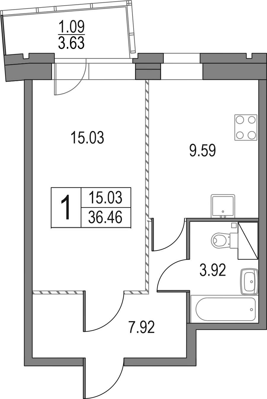 1-комнатная квартира 36.46 м², 3/25 эт., ЖК «Приморский квартал»